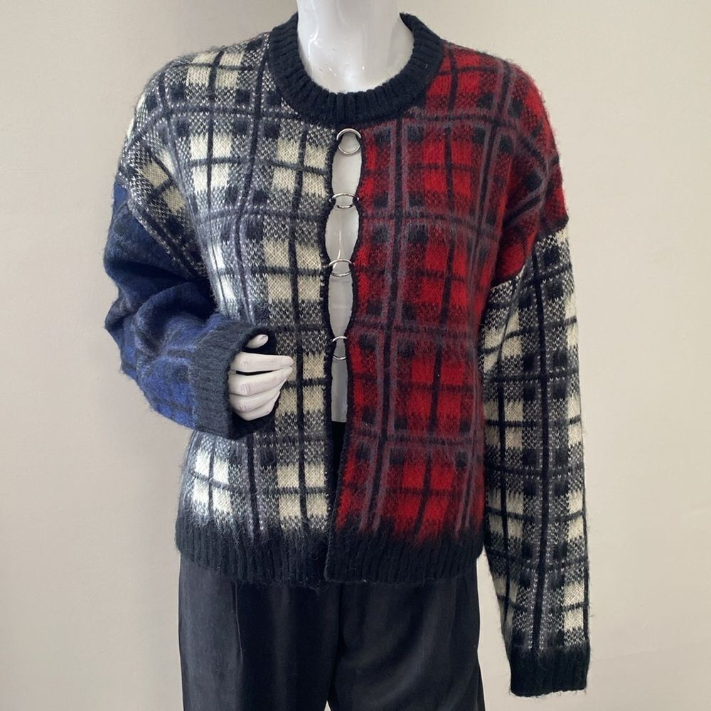 The Ragged Priest Crux Spliced Checkered Plaid Knit Cardigan w Metal Ring Detail